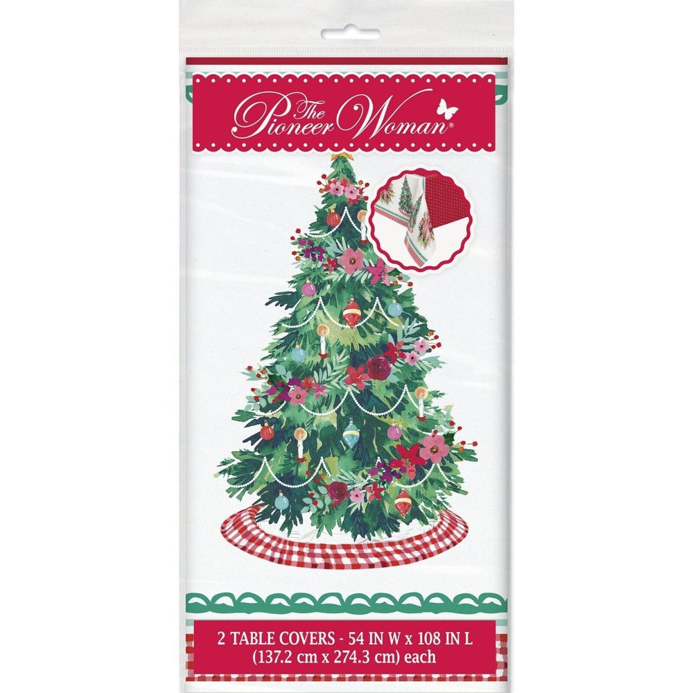 2 The Pioneer Woman Christmas Tree Plastic Table Covers 54x108 Red Dot & Gingham - Picture 3 of 11